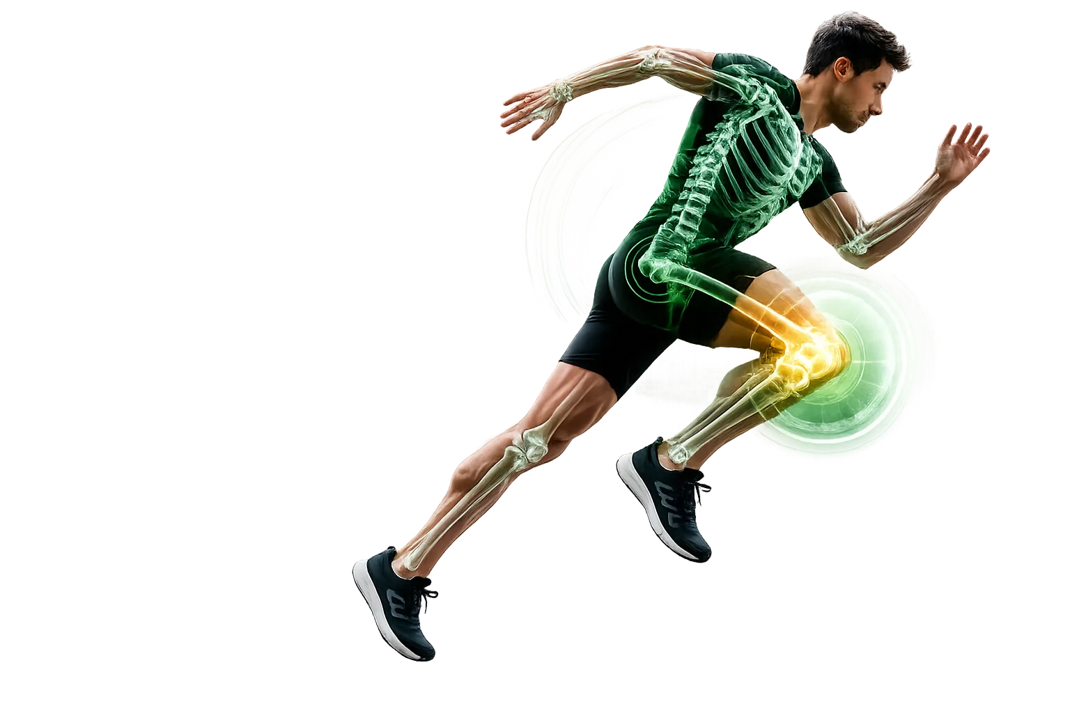 Athlete running, with knee and joint anatomy highlighted